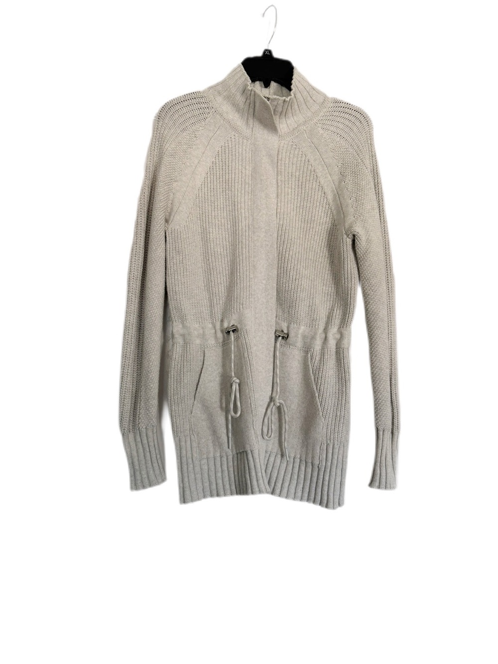 Lou & Grey Icy Winter White Ribbed Drawstring Knit Zip Sweater Jacket (XS) EUC